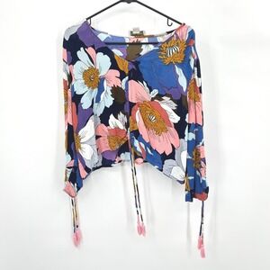 Floral Cropped Drawstring Ruched Blouse XL Long Sleeve Boho Romantic Indie Y2K‎